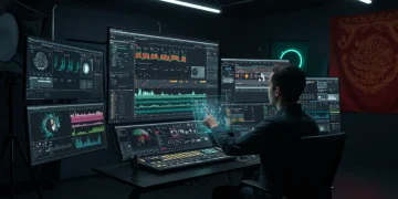 Estudio de postproducción de cine mexicano con IA, mostrando pantallas holográficas y un editor trabajando en efectos visuales.