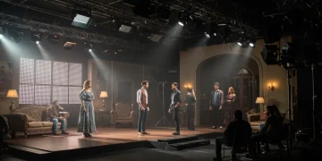 Escena dramática de telenovela mexicana con iluminación innovadora y actores en un set lujoso