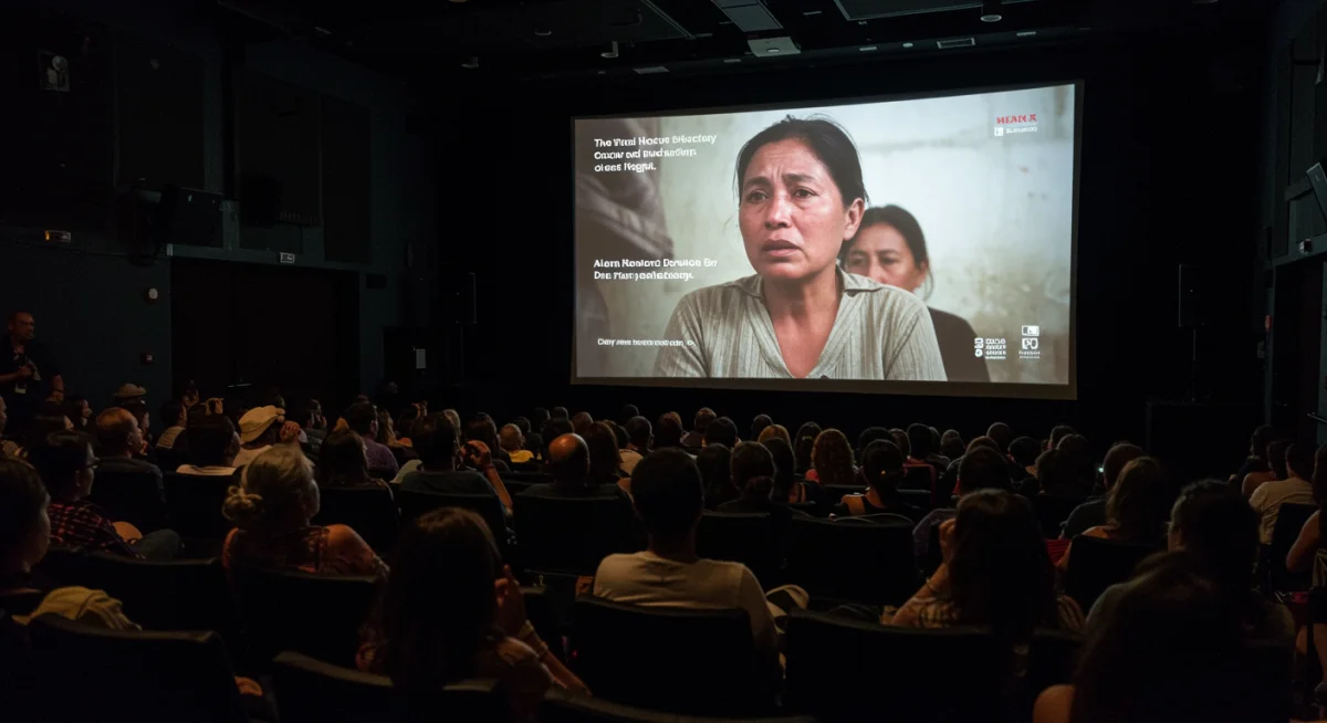 Audiencia conmovida viendo un documental mexicano en un festival, reflejando el impacto emocional.