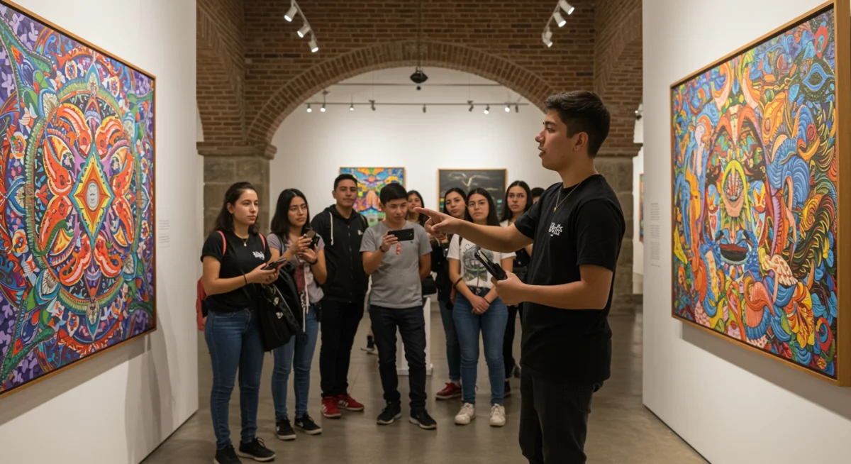 Influencer explicando una obra de arte contemporáneo mexicano a su audiencia digital en una galería.