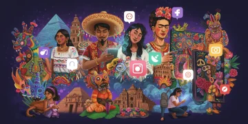 Jóvenes mexicanos interactuando con arte tradicional y moderno a través de pantallas, rodeados de elementos culturales y digitales que simbolizan la influencia.