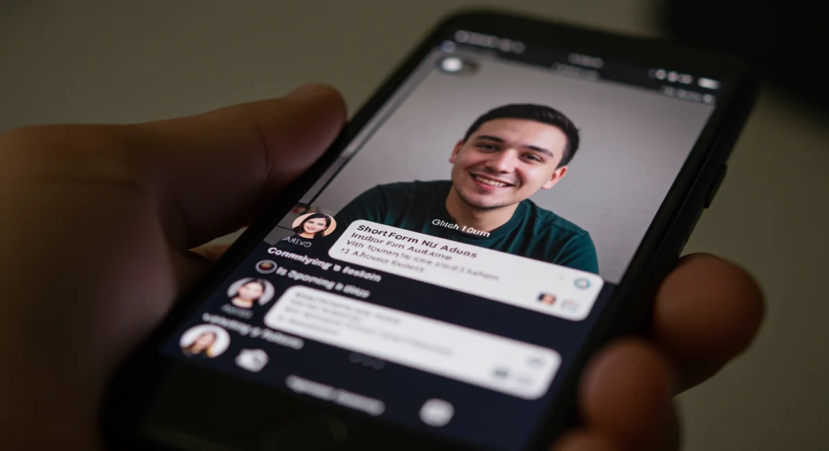 Creador de contenido interactuando activamente con su comunidad en un video de formato corto, respondiendo comentarios y preguntas.