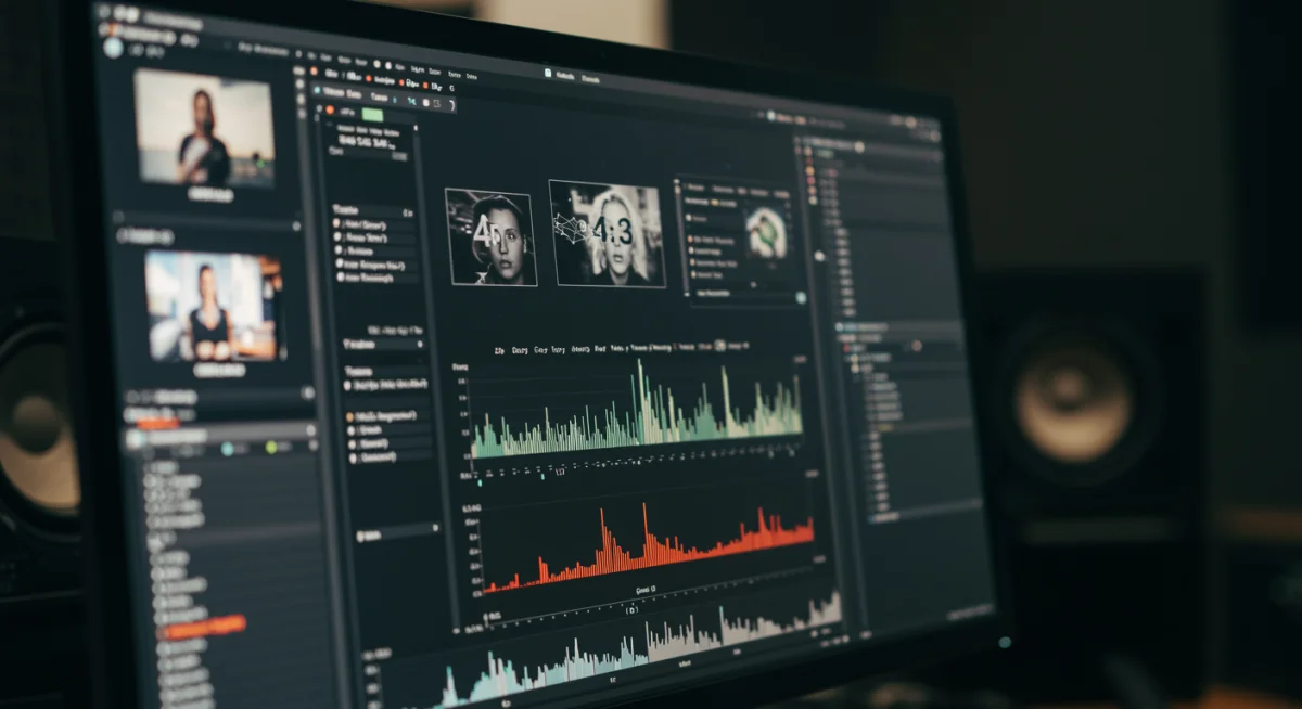 Interfaz de software de IA en postproducción, mostrando análisis de video y herramientas de edición automatizadas.