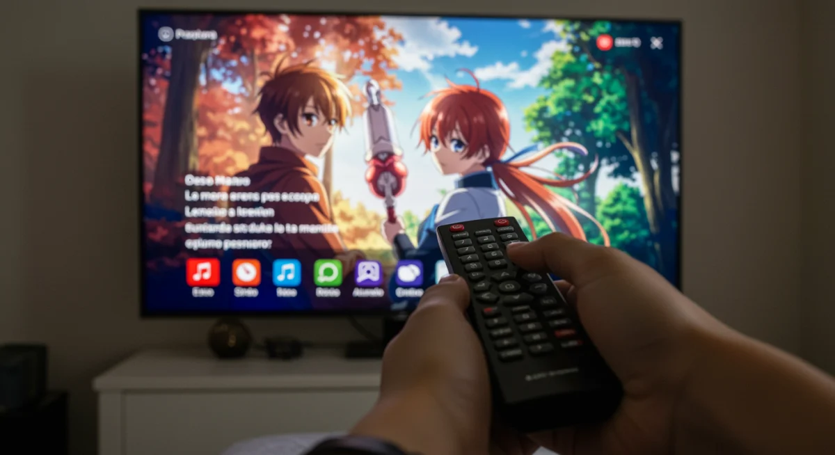 Navegando interfaz de streaming de anime en televisión, con subtítulos en español.