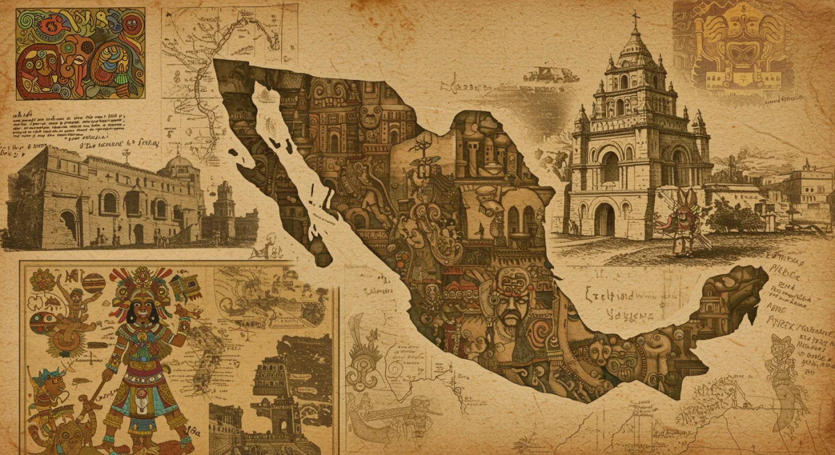 Documentos históricos y mapas antiguos fusionados con elementos digitales, representando la investigación y narrativa en series mexicanas.