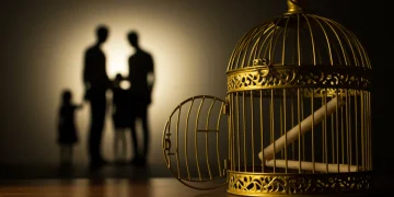Una jaula de oro entreabierta, con siluetas familiares al fondo, simbolizando los dilemas de 'La Jaula de Oro'.