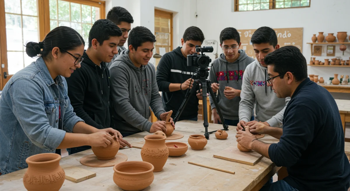 Jóvenes aprendiendo y documentando la creación de artesanías mexicanas tradicionales en un taller cultural.