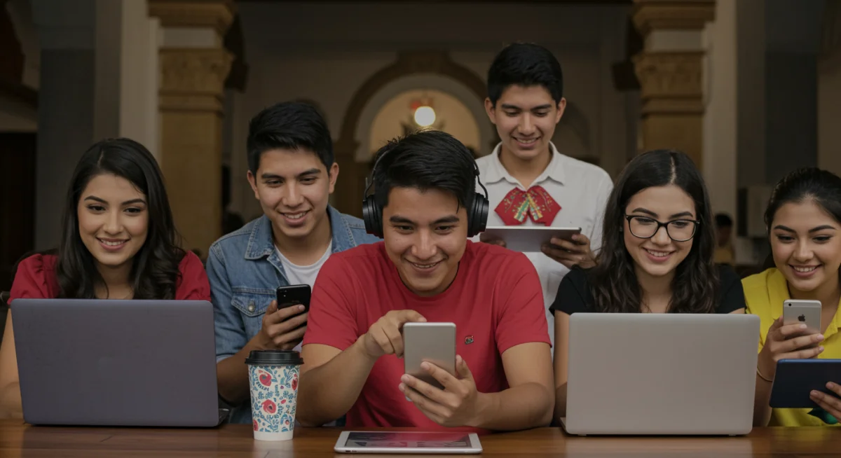 Jóvenes mexicanos interactuando con plataformas digitales para consumir contenido cultural, reflejando el auge de las redes sociales.