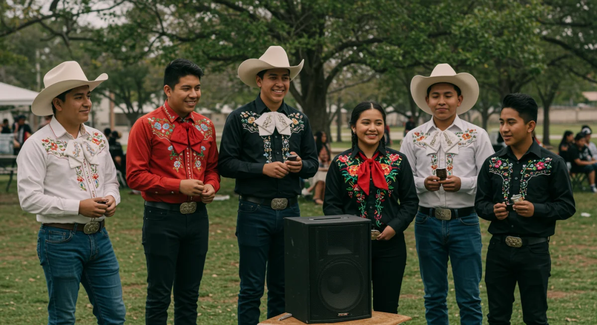 Jóvenes mexicano-americanos escuchando música regional mexicana, conectando con sus raíces culturales en un parque de Estados Unidos.