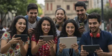 Jóvenes mexicanos viendo live streaming en dispositivos móviles en un entorno urbano vibrante.
