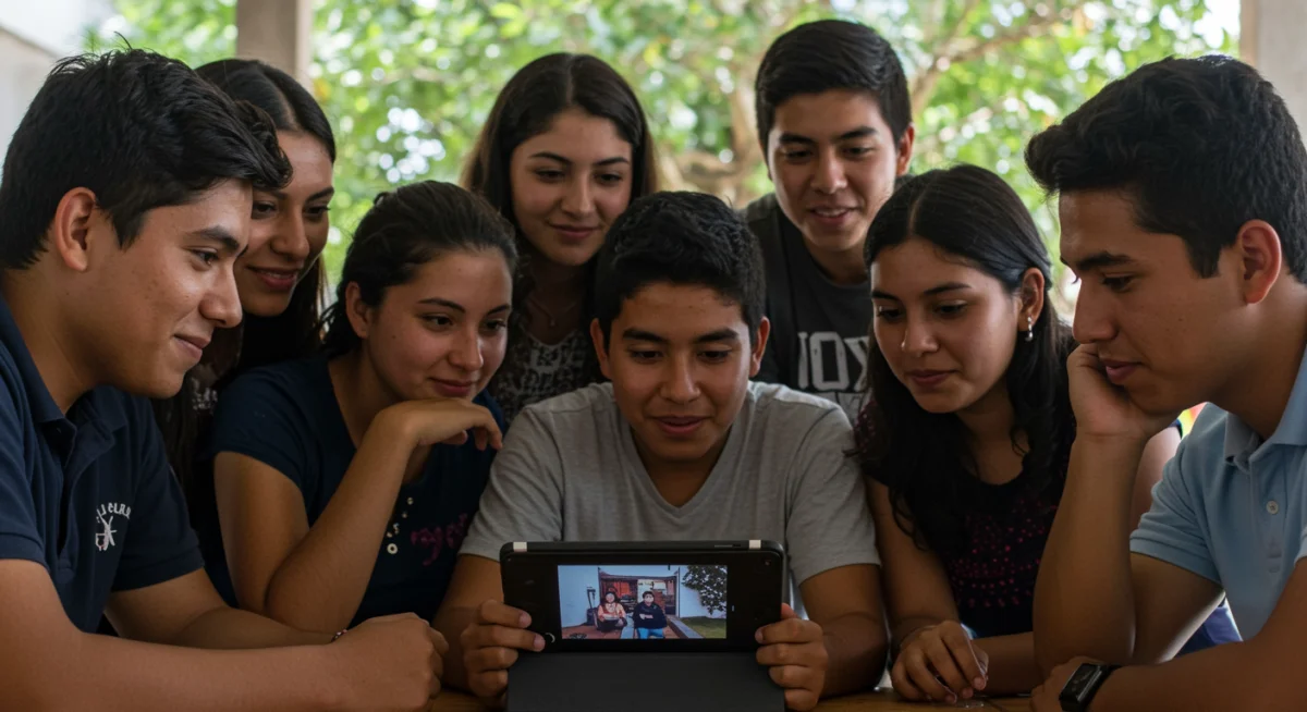 Jóvenes mexicanos viendo un mini-documental impactante en un dispositivo móvil, reflejando el consumo actual de contenido.