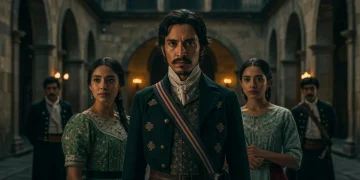Cartel promocional de 'La Promesa Olvidada' con personajes principales y escenarios históricos de México.