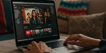 Pantalla de laptop mostrando una serie en un servicio de streaming con extensiones de Chrome activas en México.
