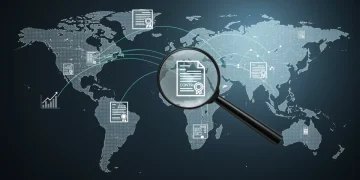 Mapa global con rutas de distribución, documentos legales y gráficos de crecimiento, simbolizando contratos de distribución internacional.