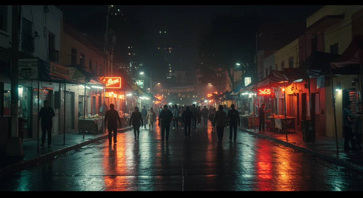 Mercado nocturno mexicano con luces de neón, un escenario recurrente en "Entre Sombras y Luces".