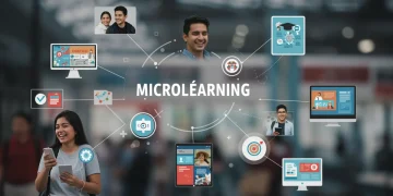 Diseño gráfico moderno de micro-aprendizaje con estudiantes mexicanos usando dispositivos digitales.