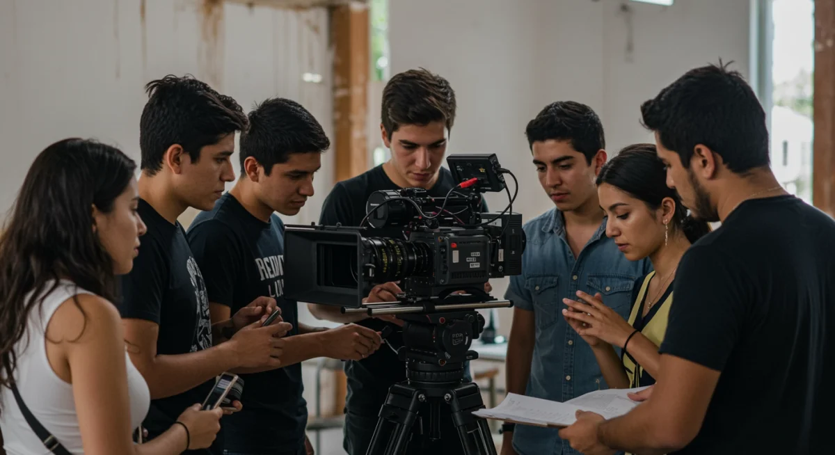 Jóvenes cineastas mexicanos colaborando en la producción de un documental, simbolizando la nueva ola.