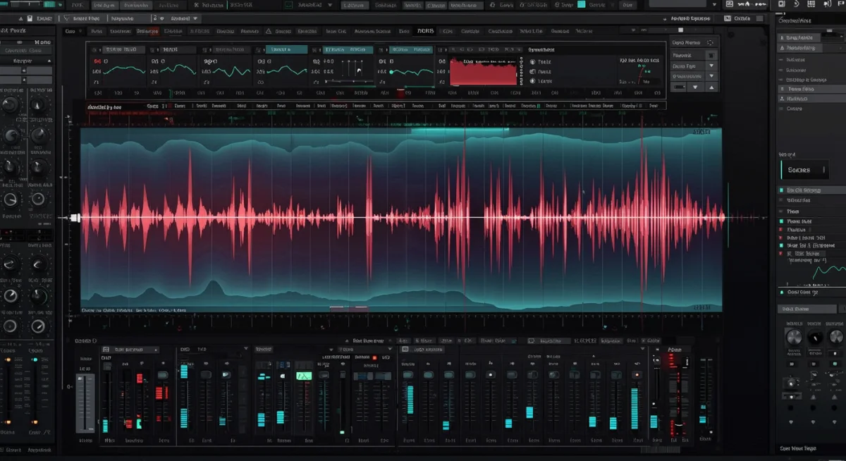 Representación visual de ondas de sonido en un software de edición de audio, mostrando capas complejas.