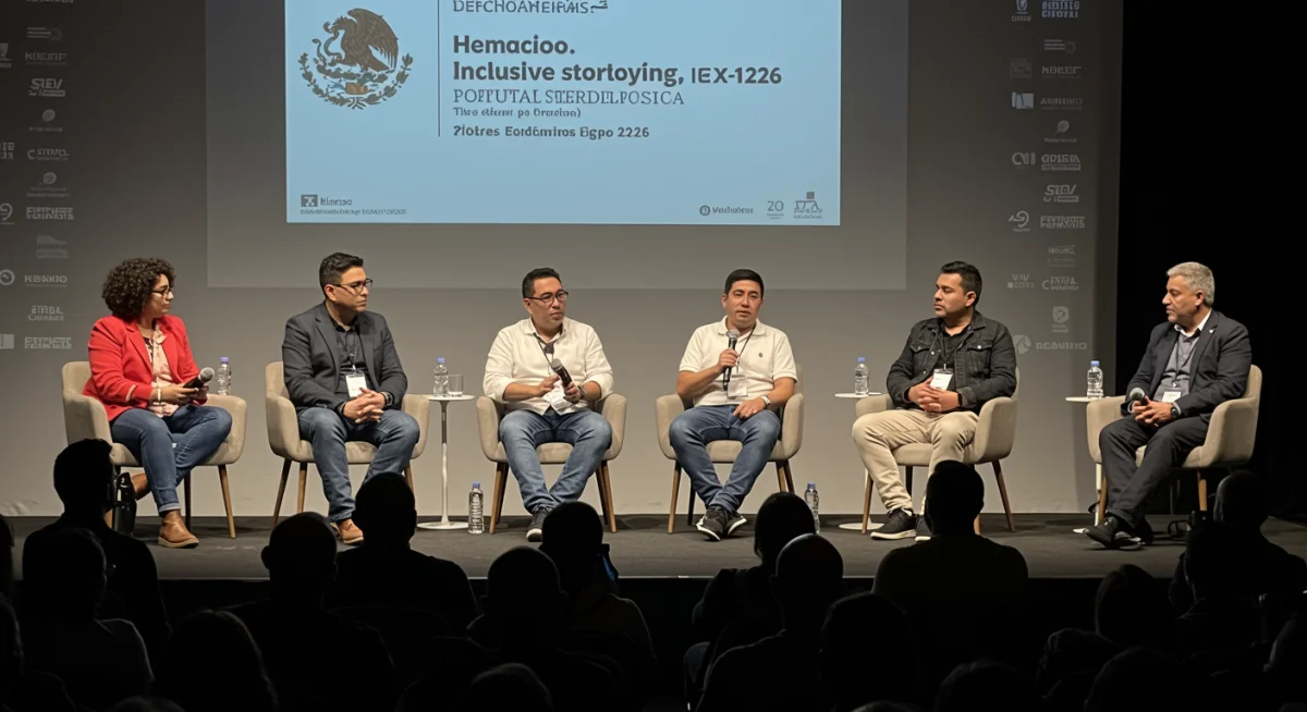 Panel de discusión en un festival de cine mexicano sobre narrativa inclusiva y representación cultural, con cineastas y expertos debatiendo apasionadamente.