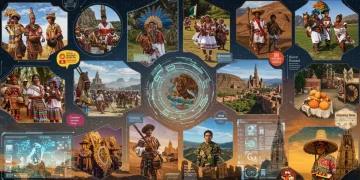 Mural digital vibrante que fusiona danzas, artesanías y gastronomía mexicana con tecnología de punta para preservar el patrimonio cultural inmaterial.