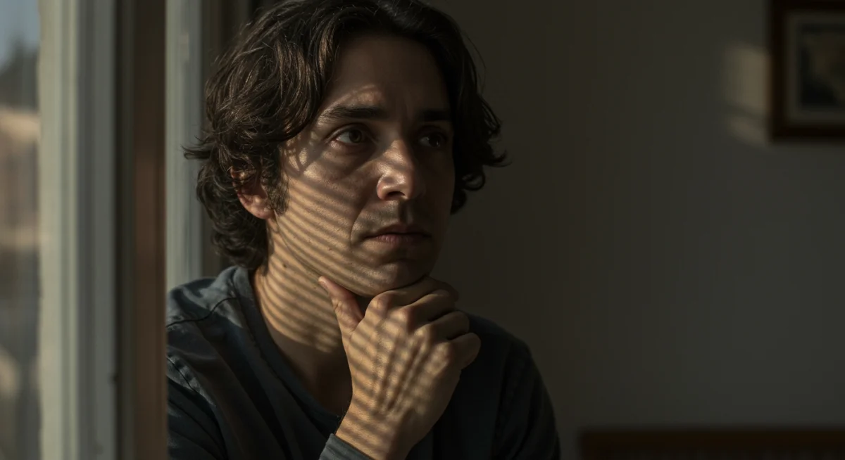 Personaje de 'Voces Perdidas' en un momento de introspección, explorando la profundidad psicológica del thriller.