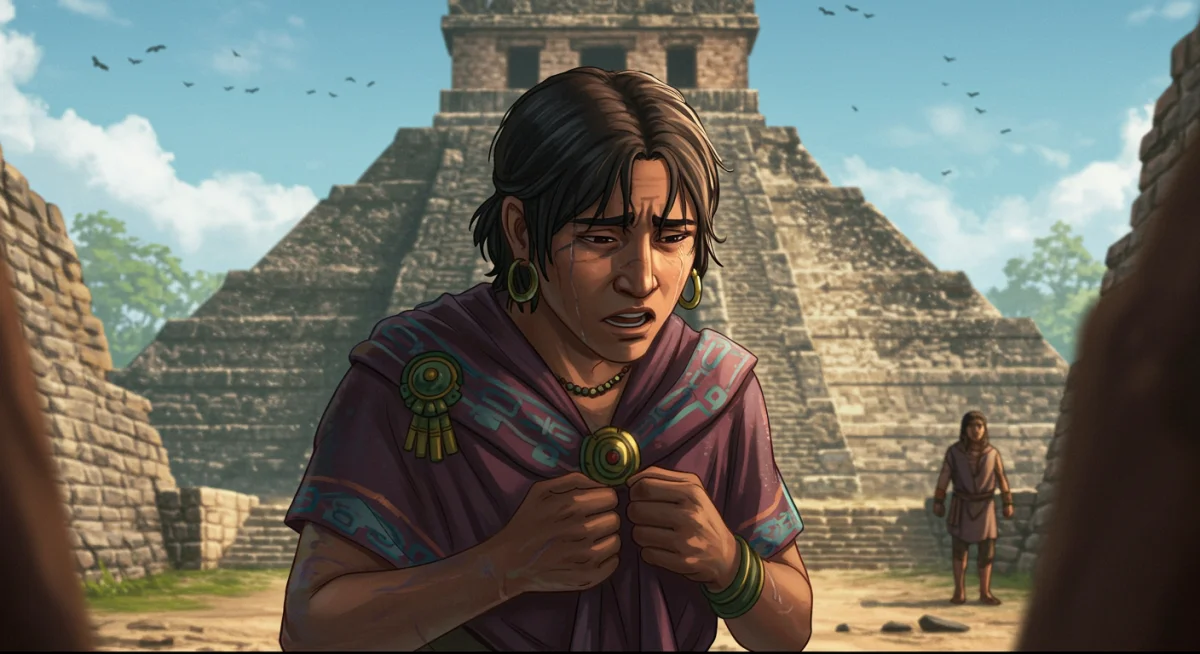 Personaje de 'Eco Eterno' en un momento emotivo frente a ruinas prehispánicas, simbolizando la conexión con el pasado.