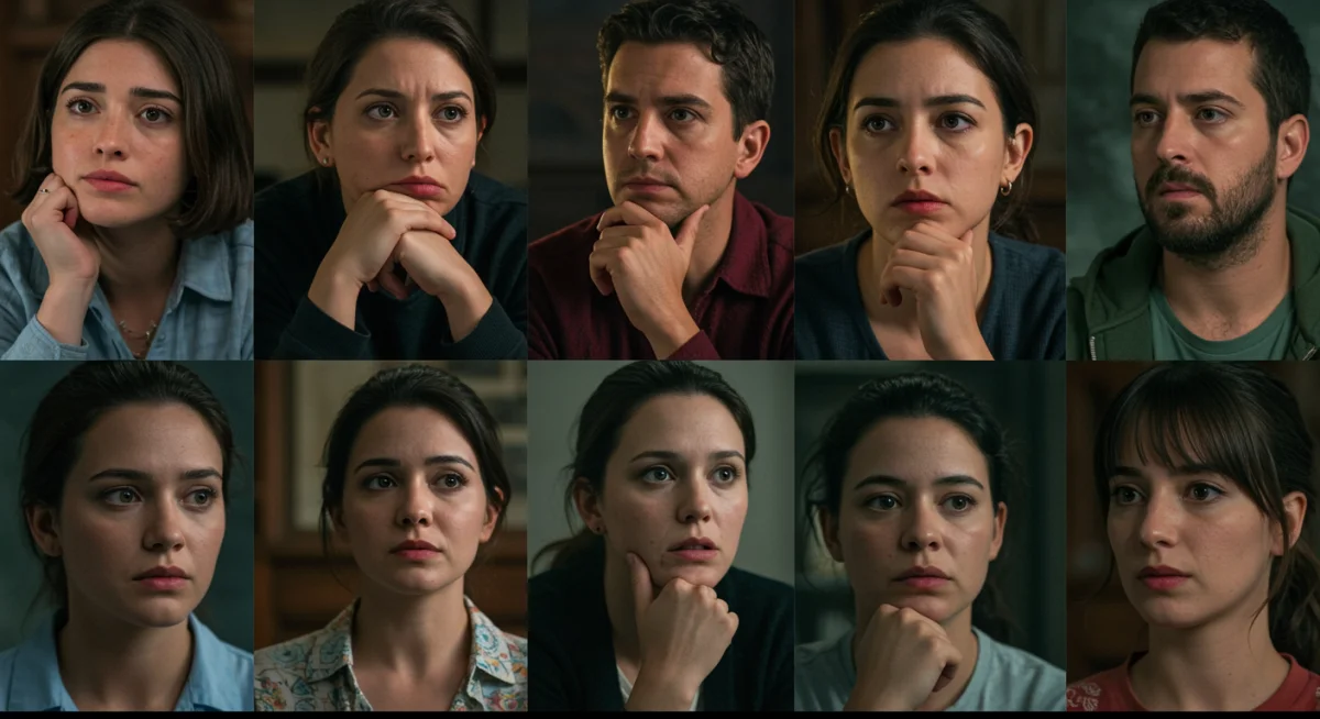 Personajes principales de 'El Silencio de la Noche' con expresiones pensativas sobre su futuro.