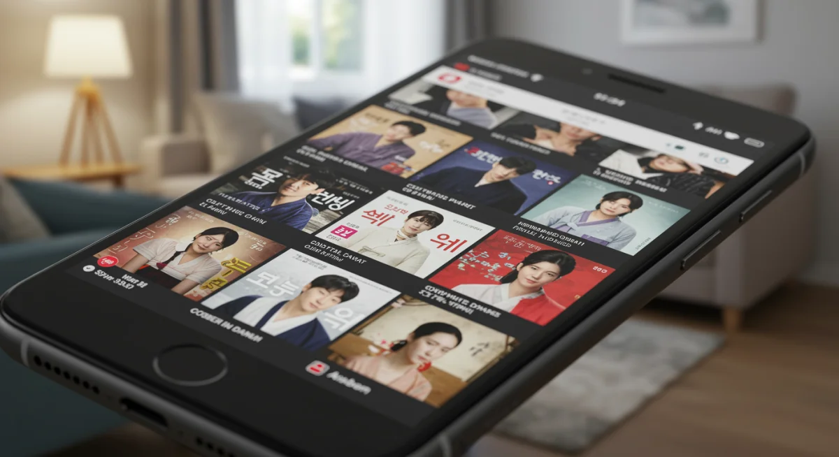 Interfaz de plataforma de streaming con opciones de series coreanas dobladas.