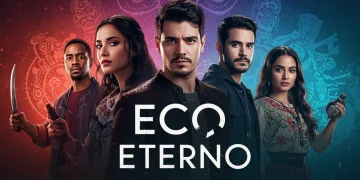 Póster promocional de 'Eco Eterno' con personajes principales, destacando su conexión con la cultura mexicana.