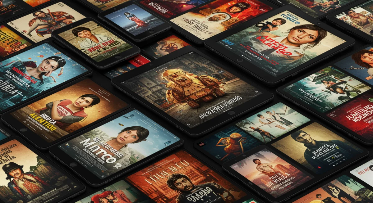 Mosaico de carteles de películas mexicanas independientes en diferentes pantallas digitales, representando la diversidad y el alcance del streaming.
