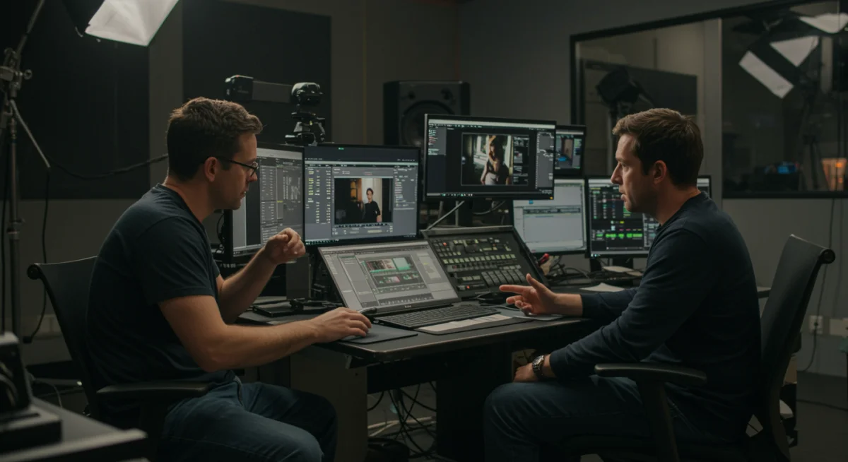 Cineasta y editor trabajando en una sala de postproducción de una película independiente, con equipos modernos.