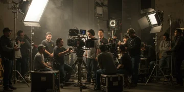 Equipo de producción cinematográfica trabajando en un set vibrante en México, mostrando cámaras, luces y técnicos en acción.