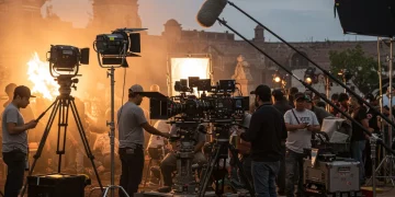 Equipo de producción cinematográfica trabajando activamente en un set en México, con cámaras y luces, bajo la nueva ley de incentivos fiscales.