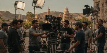 Equipo de producción cinematográfica trabajando en un set vibrante en México, con cámara y luces.
