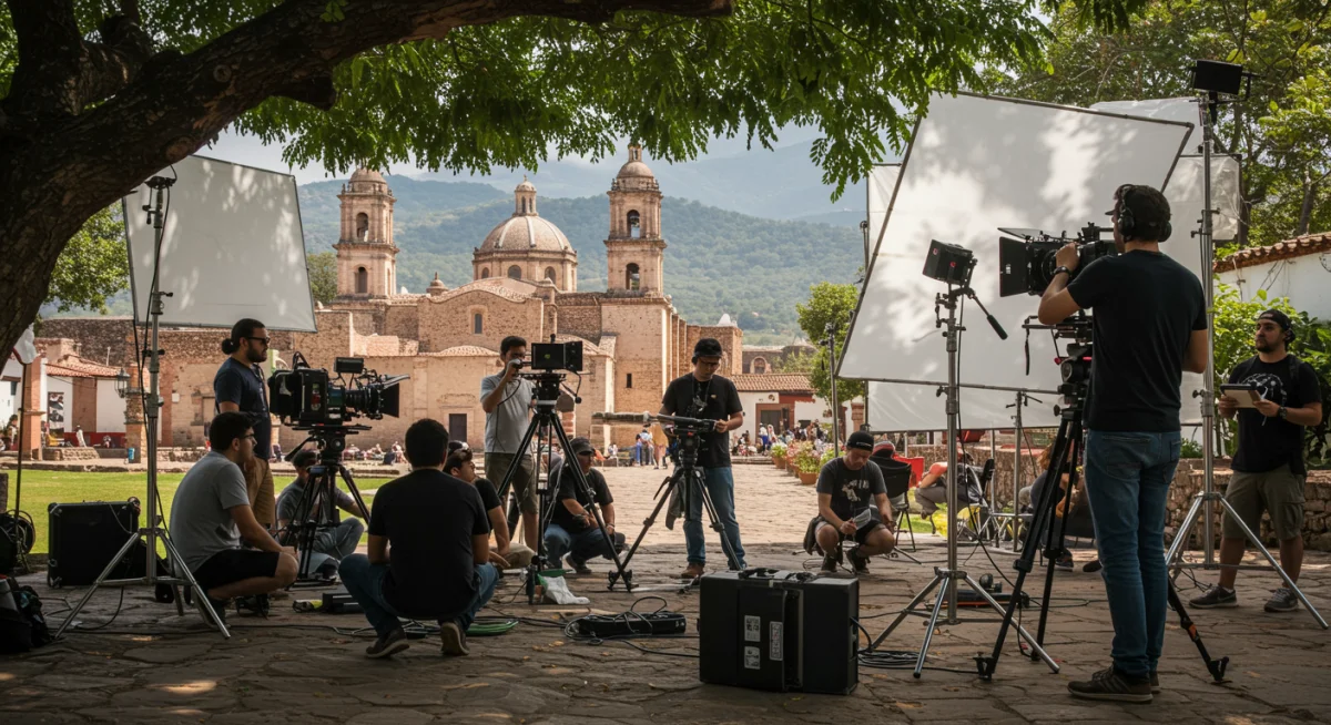 Equipo de producción internacional filmando en una locación mexicana, simbolizando la inversión extranjera en la industria.
