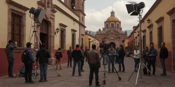 Equipo de producción filmando una serie internacional en una calle histórica de México al atardecer.