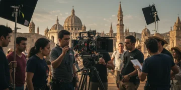 Equipo de producción internacional filmando una serie en un vibrante escenario mexicano, mostrando tecnología avanzada y diversidad cultural.