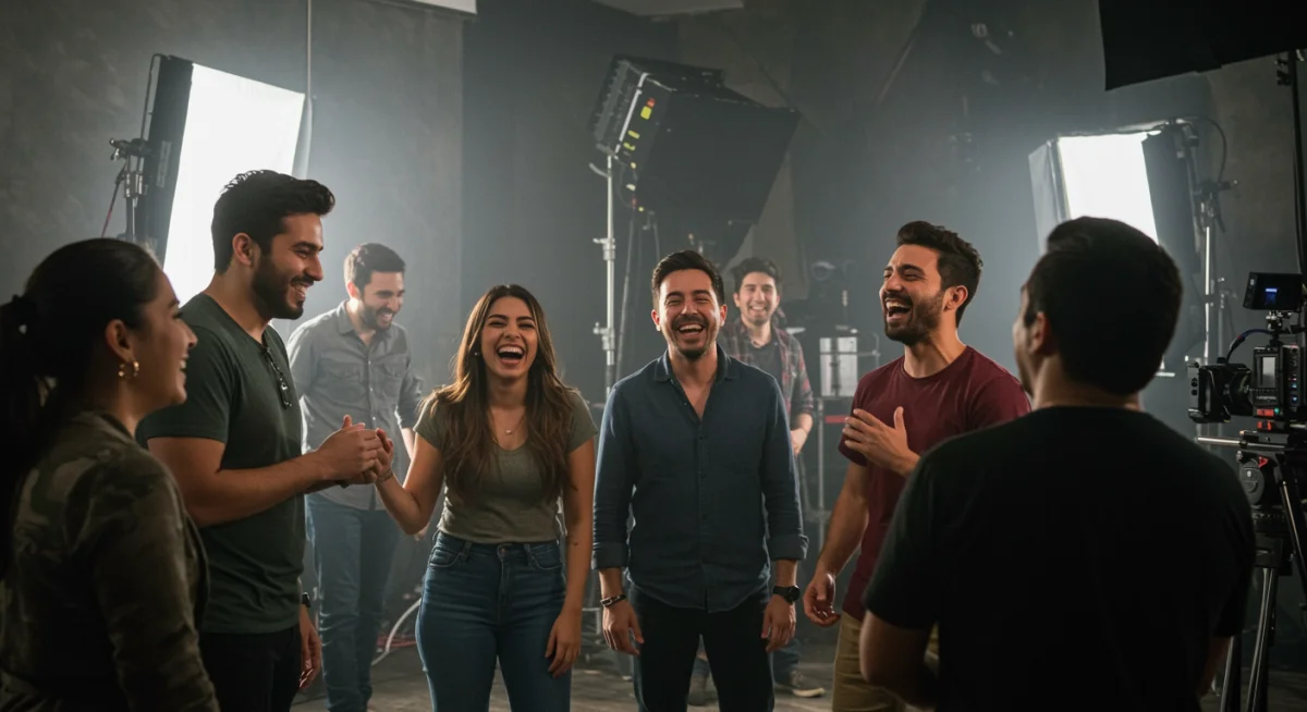 Actores mexicanos en un set de filmación moderno, mostrando la creatividad detrás de las producciones originales.