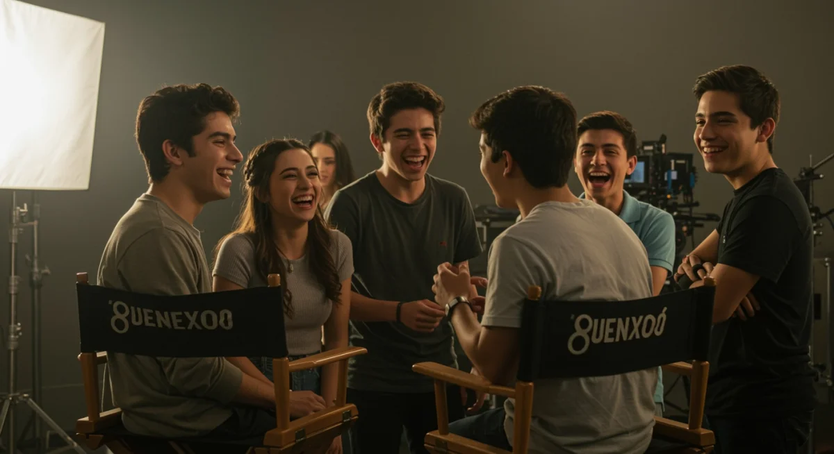 Actores de una serie mexicana en el set, mostrando la camaradería detrás de cámaras.