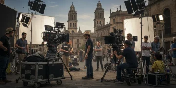 Equipo de producción diverso en un set de filmación en la Ciudad de México, con cámaras y luces modernas, simbolizando la inversión extranjera en series mexicanas.