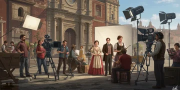 Locación de filmación vibrante en la Ciudad de México, con equipo de producción y actores, representando el auge de las series mexicanas.