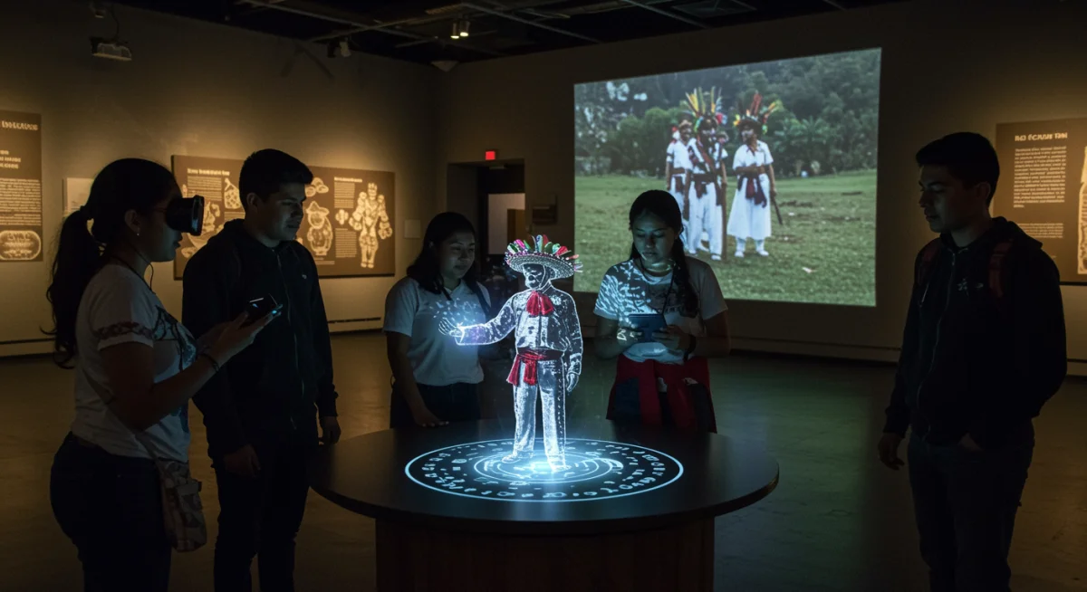 Jóvenes mexicanos interactuando con una proyección holográfica de un festival tradicional, demostrando la revitalización cultural con realidad aumentada.