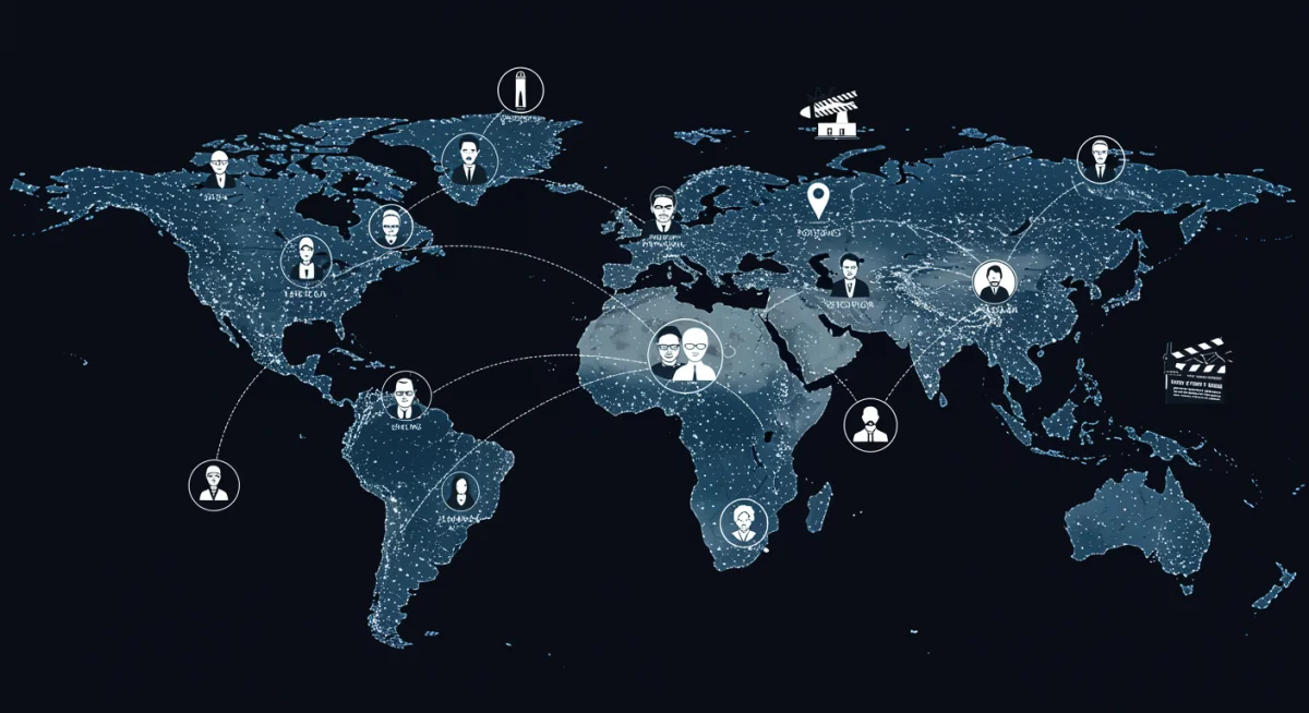 Red de contactos profesionales en la industria cinematográfica global, destacando la importancia del networking para vender guiones a productoras internacionales.