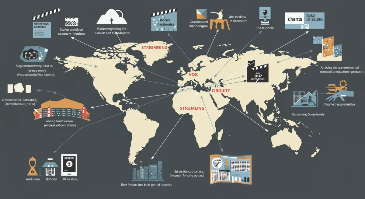 Diagrama detallado de las rutas de distribución cinematográfica, incluyendo plataformas de streaming y festivales.