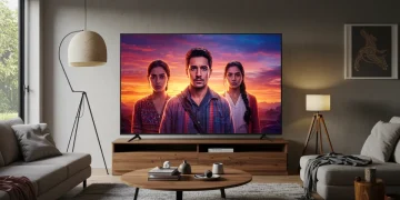 Sala moderna en México con televisor 4K mostrando una serie vibrante.