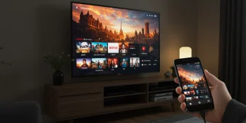 Sala moderna con Smart TV en México, mostrando una serie transmitida desde un celular a través de Chromecast.