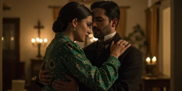 Pareja principal en un abrazo emotivo, de la serie 'Secretos del Alma', con fondo de hacienda mexicana.