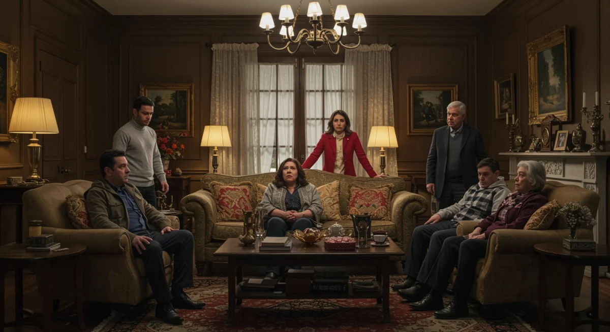 Escena de confrontación familiar en 'Secretos del Alma', con personajes en un salón ricamente decorado.