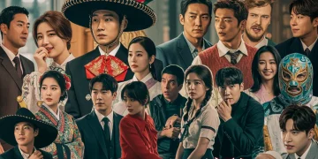Collage vibrante de escenas de series coreanas populares, con toques culturales mexicanos, simbolizando la creciente popularidad de los K-dramas en México.