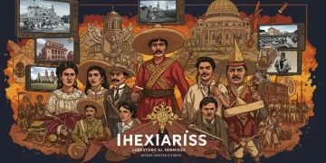 Montaje visual de figuras históricas mexicanas y elementos modernos de televisión, simbolizando el impacto de las series históricas en la identidad nacional.